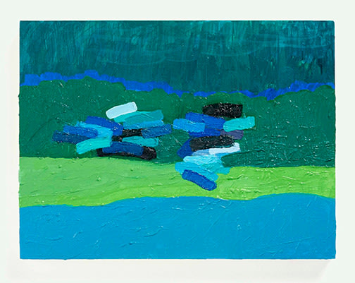 Abstract landscape with freilds of blue, green and aqua. Small linear lines of the same colors are applied in the center part of the panel