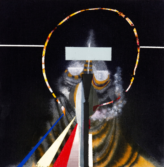 Luke Whitlatch  Hell of a shell of a man, 2019  Dye, Acrylic and Oil on Canvas  12h x 12w in 30.48h x 30.48w cm  LW012 black background and abstract painting in center with lines and muted colors