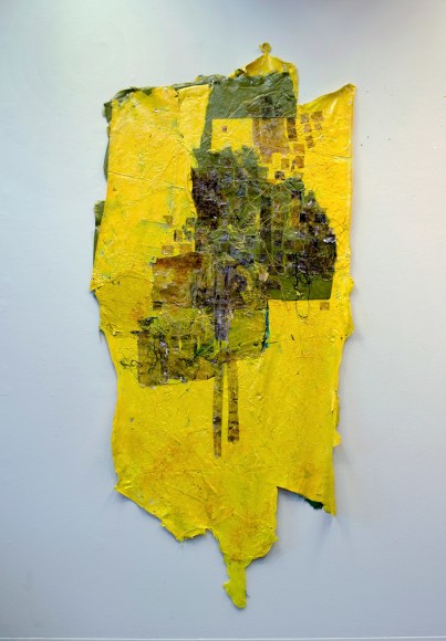 Antoine Williams  Portrait of a Super Predator Who Was Made to Believe She was Cute to Be Dark, 2018  acrylic on acrylic skin  72h x 36w in 182.88h x 91.44w cm  AW_002, Bright yellow, patterns with blues, black, greens, Vertical orientation