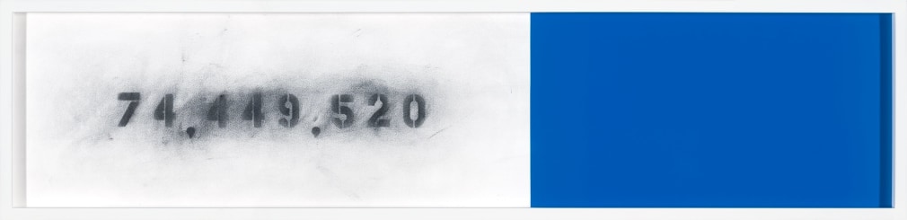 Long rectangle with left side displaying the painted numbers '74,449,4520, 2022' while right side contains dark blue rectangle.
