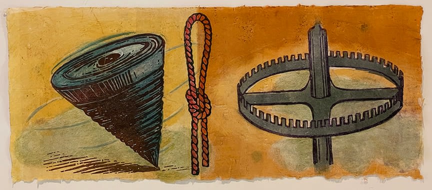 Swivel, 2021  Monotype on handmade paper  11h x 26 1/2w in, Framed: 15h x 30w in, warm tones (orange, yellow) image features a spinning top, a nautical knot and a spinning gear