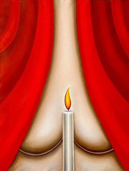 A woman's bare chest surrounded by a read robe (covering her breasts). There is also a white taper candle standing in her cleavage
