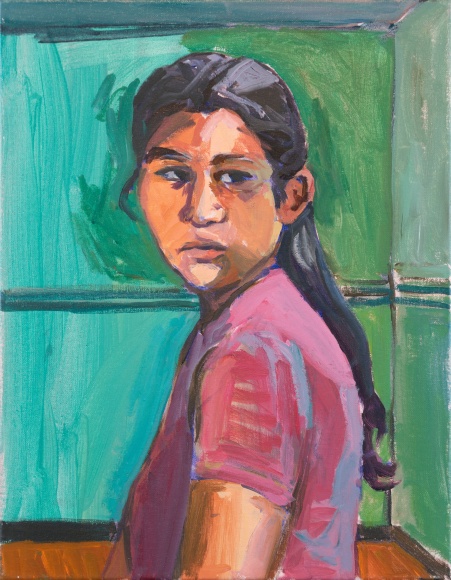A  three quarter length portrait of a young  native american woman. Her gaze is to the side of the viewer