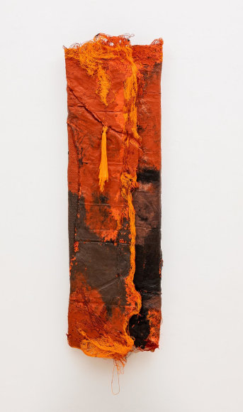 andy Shull  Tamale, 2021  Acrylic on hammock, folded  50h x 20w x 3d in 127h x 50.80w x 7.62d cm  RS_042, Brilliant orange and black acrylic over orange nylon hammock, folded like a tamale.