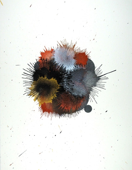 Ben Nixon  Hornets, 2019  Acrylic and pencil on paper  15h x 11w in, abstract, painting on paper with a central cluster composition in red, white, black, gray and yellow