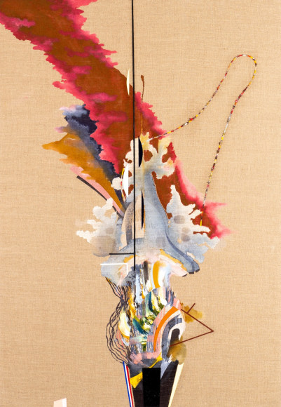 Luke Whitlatch  Snout Down in Ashy Ground, 2020  dye, acrylic and oil on linen  46 x 32 inches abstract painting