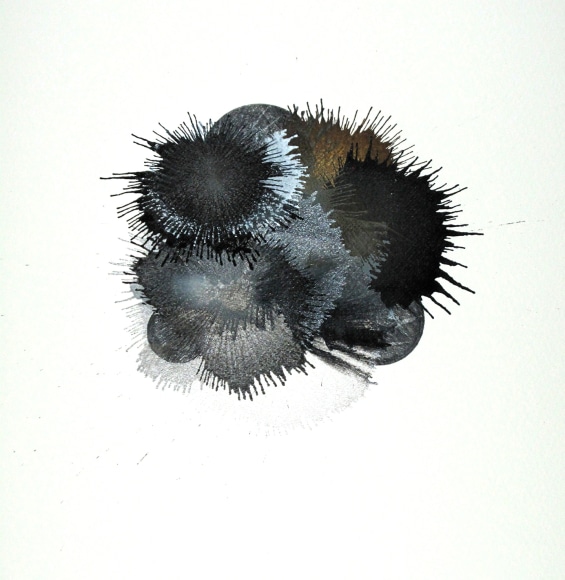 Ben Nixon  Less Than Zero, 2019  Acrylic and pencil on paper  8 3/4h x 8w in 22.23h x 20.32w cm  Framed: 18h x 16w in 45.72h x 40.64w cm  BN022, blue, black and silver paint bursts