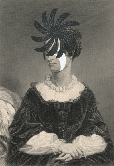 Kirsten Stolle Mrs. Jacob Brewster 1859/2014 from the series de-identified, 2014 gouache and collage on 19th century engraving 7h x 5w in, works on paper