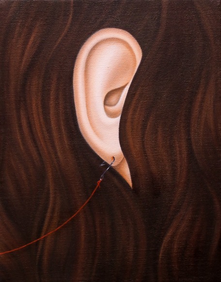 small oil paitning of an ear surrounded by flowing brown hair. A red line comes from the lower left corner and is attached to the earlobe by a small fish hook