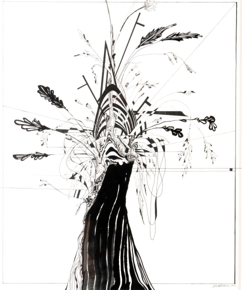 Luke Whitlatch  Yard Life #2, 2020  ink on paper  framed: 29 1/2 x 25 inches abstract drawing