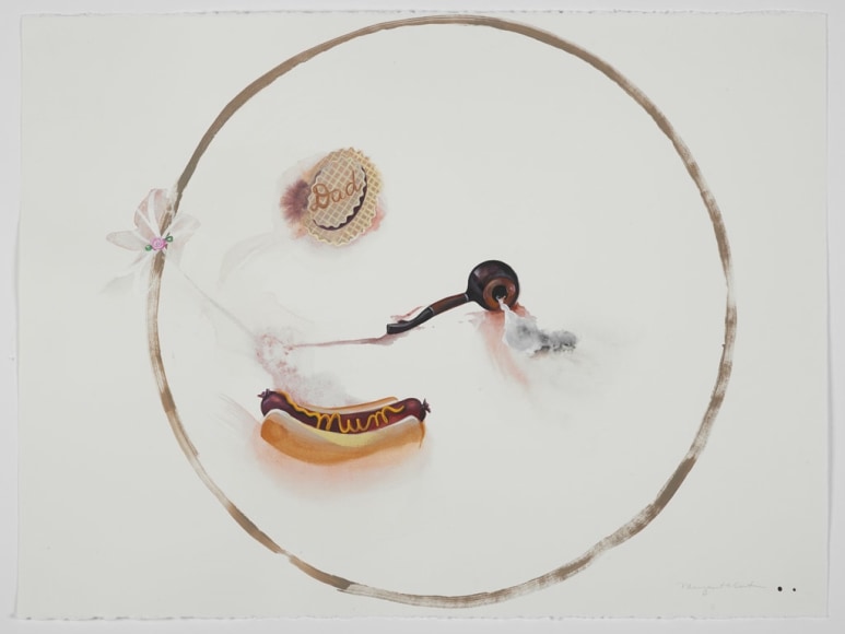 Margaret Curtis  Smiley Face: Portrait at Six, 2020  gouache and ink on paper  22h x 30w in 55.88h x 76.20w cm, smiley self-portrait, with a confection and a pipe as eyes and a hot dog mouth