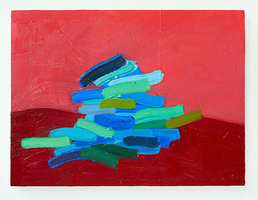 Abstract landscape with fields of red and crimson, in the central area of the panel is a shape made of lines in blue and navy