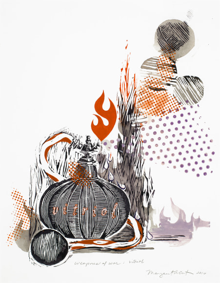 Margaret Curtis  Weapons of War: Vitriol, 2017  Gouache, ink and hand carved stamp on paper  15h x 11w in  Unique, work on paper which features various weapons of war (ie bombs, hand grenades, flames etc). Dominant colors are red, black and orange