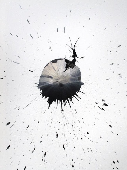 Ben Nixon  Host, 2021, grey, white and black sphere in the center with black splatter around the rest of the paper