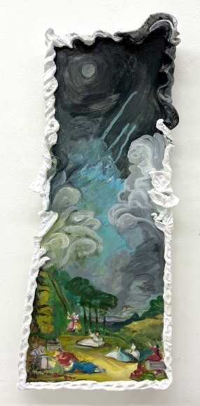 A courtship painting (woman on swing, men and woman picnicking on the lawn), blue sky and clouds morph in to the night sky. framed with clay leaf motif