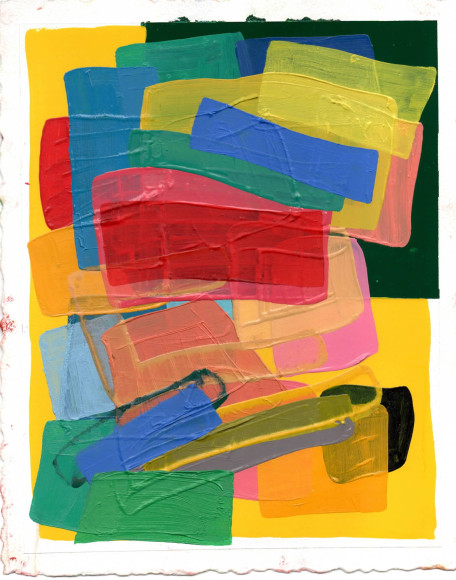 abstract work on paper with several layers of colored square and rectangles