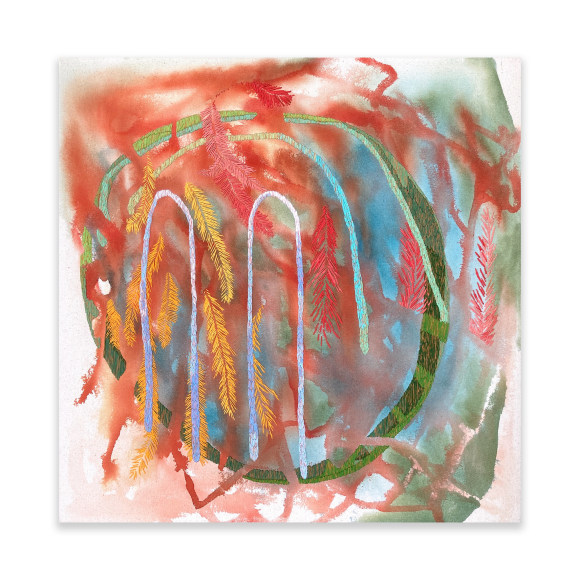 Abstract painting with hand embroidery, by Erin E. Castellan
