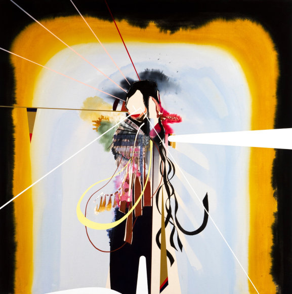 Luke Whitlatch  Who is This Captain and Where Do His Friends Live, 2020  dye, acrylic and oil on linen  48 x 48 inches abstract painting