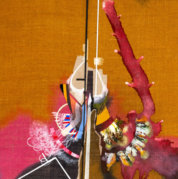 Luke Whitlatch  The ground dogs know, 2020  Dye, Acrylic and Oil on Linen  18h x 18w in 45.72h x 45.72w cm  LW009 dark golden abstract painting with bright hot pink in bottom right corner with abstract form in the center