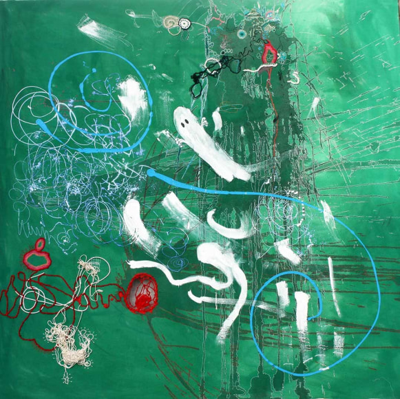 Nava Lubelski  The Deadly Ooh Business, 2020  Electrical wire, yarn, acrylic paint and hand stitched thread on canvas  60h x 60w in -stretched canvas with mixed media including electrical wire, yarn, acrylic paint, and hand stitching