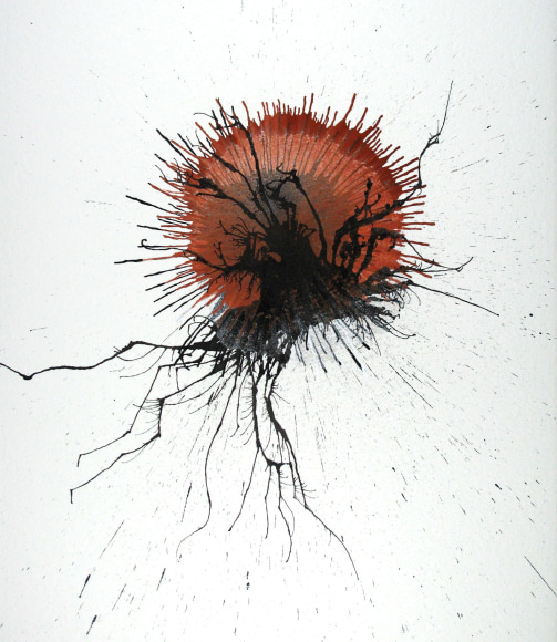 Ben Nixon  First Fires, 2019  Acrylic on paper  12 1/2h x 11w in.  a large gangly abstract shape encroaching on a large spatter of color