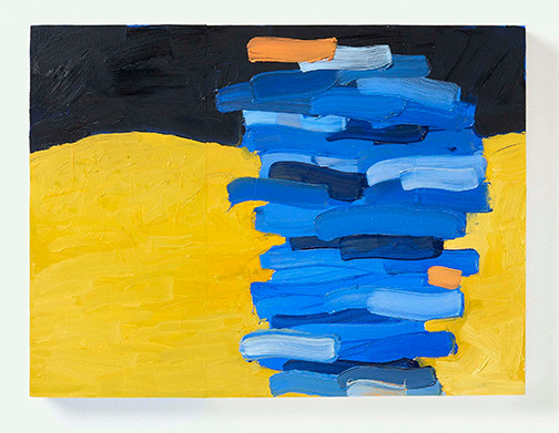 Abstract landscape with black and yellow fields of color, horizontal lines of varying blues are stacked vertically on the  right side of the panel