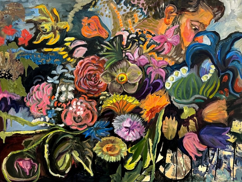 Period floral still life featuring the profile of a man in the top right corner