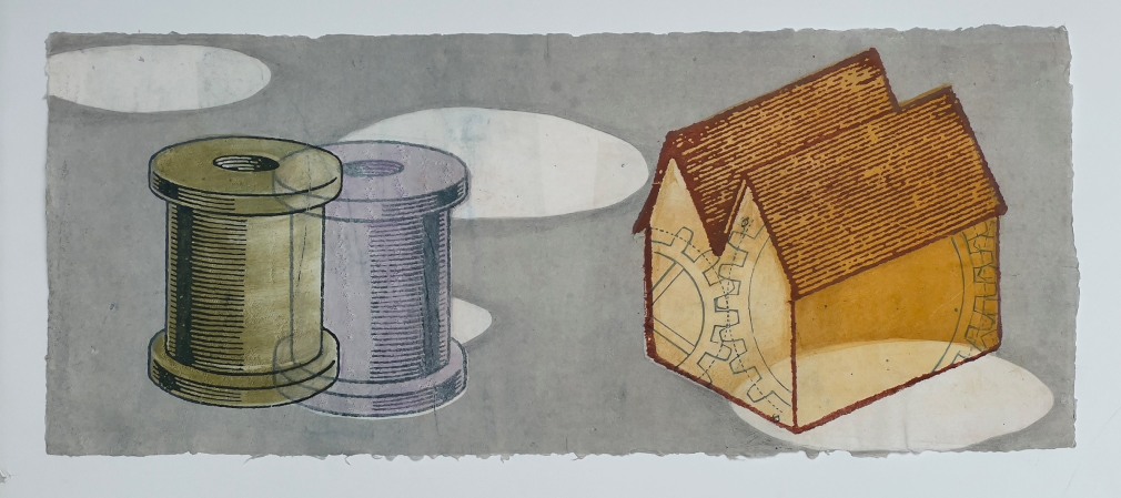 Amity (for DBO), 2022  Monotype on handmade paper  11h x 26 1/2w in, Framed: 15h x 30w in, print, cool blue tones, image includes a yellow house structure and empty thread spools