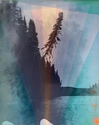 Off center composition with tall dark trees to the left. An geometric spectrum is layered on top of the landscape