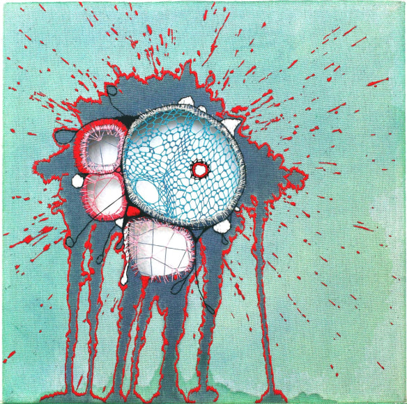 Nava Lubelski  Like Those Monsters, 2009  Thread on stained canvas  12h x 12w in -stained green canvas with tread creating circles within the middle of the piece showing colors red and blue but a sheer view