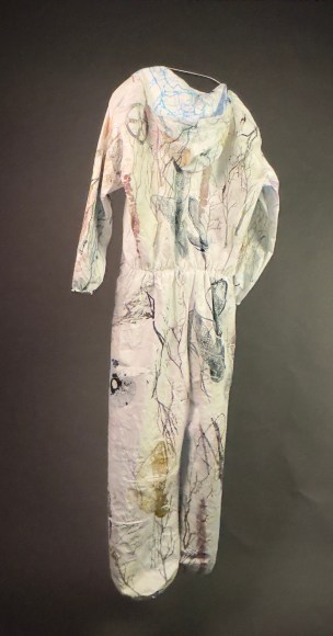 Tyvek personal protection suit hand printed with maps. flora and weather patterns