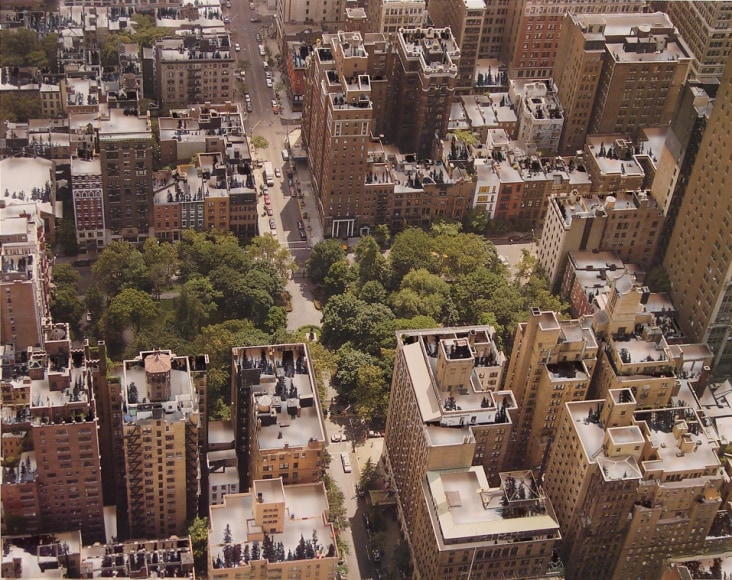 Nicholas Hall  New York #2 (Gramercy Park), 2012  Paper cut-out with collage  10 3/4h x 13 3/4w in, aerial view of Gramercy Park, NYC with rooftops removed layered over an Alpine Scene