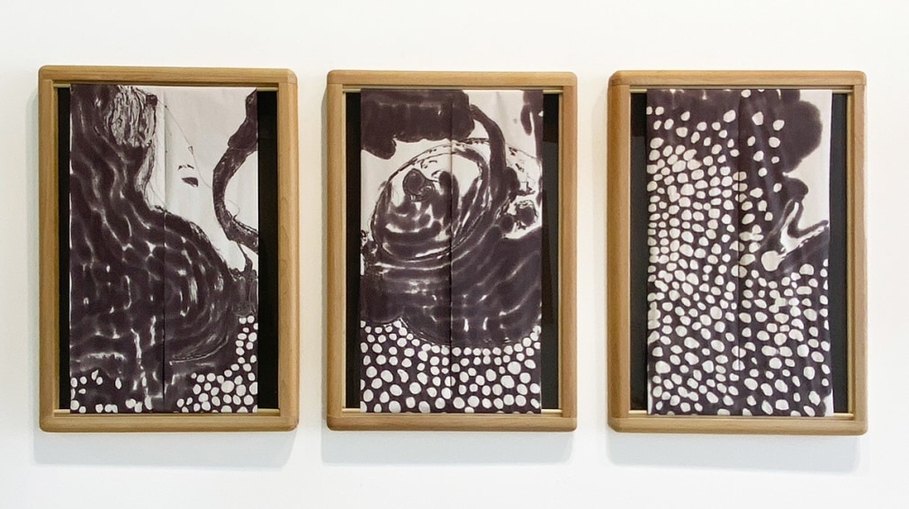 Black and white abstract thermal drawings made with clay sourced from a river in north carolina after the Helene Flood