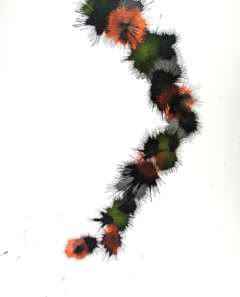 Ben Nixon  Time Shift, 2019  Acrylic on paper  20h x 16w in, abstract painting on paper with a central vertical composition, in red, black, orange and green