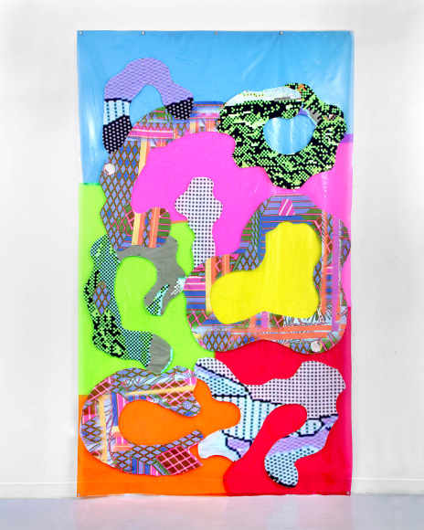 Abstract large, colorful vinyl and fabric hanging wall piece by David B. Smith