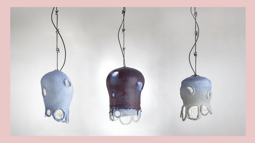 View of Purple Bell #2024,&nbsp;Light Blue Bell #2036 and&nbsp;#2038 Lamps