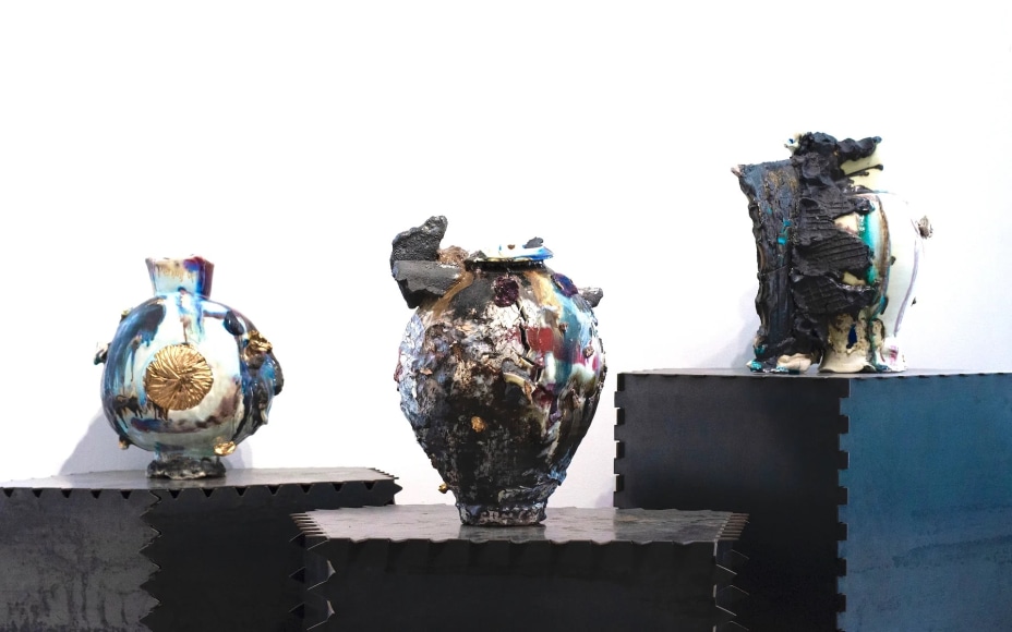 Installation view of Gareth Mason: Wild Clay, Artworks left to right: Charm Field (2021), Deart Heart (2007 - 2010), Pale Body, Dark Blade, (2011 - 2013)