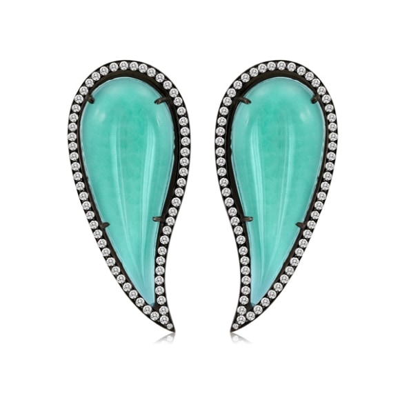 Green Amethyst Paisley Earrings, Green amethyst over white mother of pearl, white diamonds, black rhodium plated German silver, black rhodium plated titanium