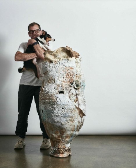 Jason Jacques with pictured with Gareth Mason&rsquo;s 2019-2020 sculpture, &ldquo;Sheela-Na-Gig.&rdquo;
