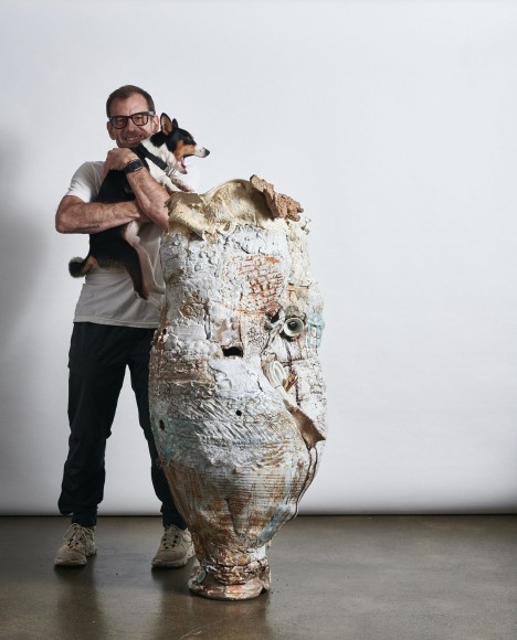 Jason Jacques, his dog Ragnar, and Sheela-Na-Gig, a 2020 work by Gareth Mason. Photo &copy; Jason Jacques Gallery