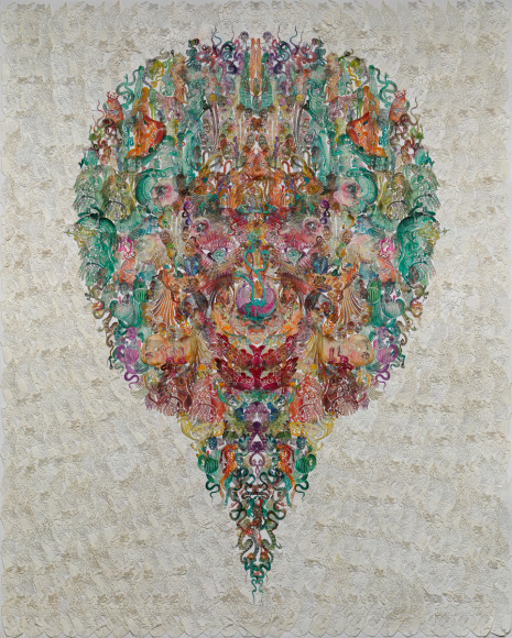 Faces-Oriole 黄雀 2014 Hand dyed and waxed paper-cut, cotton thread, paper 手工着色和浸蜡镂空剪纸, 棉线, 纸