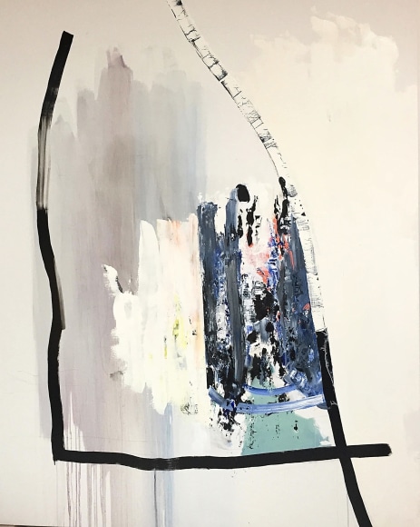 James Brinsfield abstract painting with a large number four like dark marks and one vertical suggestive a birch tree trunk