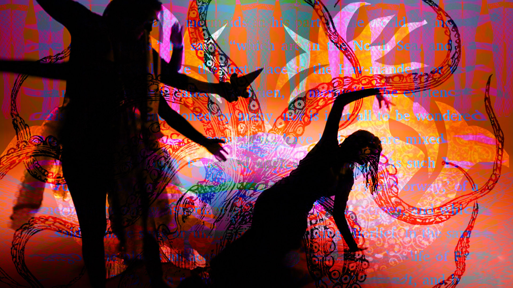 mermaids dancing in a sea of orange pink and red