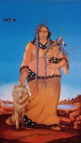 Rabbett before Horses Strickland Winona and Nanabozhoo, oil paint on canvas, 62&quot; x 32&quot;