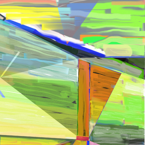 Abstract orange, lime green, yellow, and blue digital painting by Warren Rosser. Pole Series &quot;D&quot;, 2019,  archival digital print on Sunset archival cotton etching paper,  30h x 32w in.