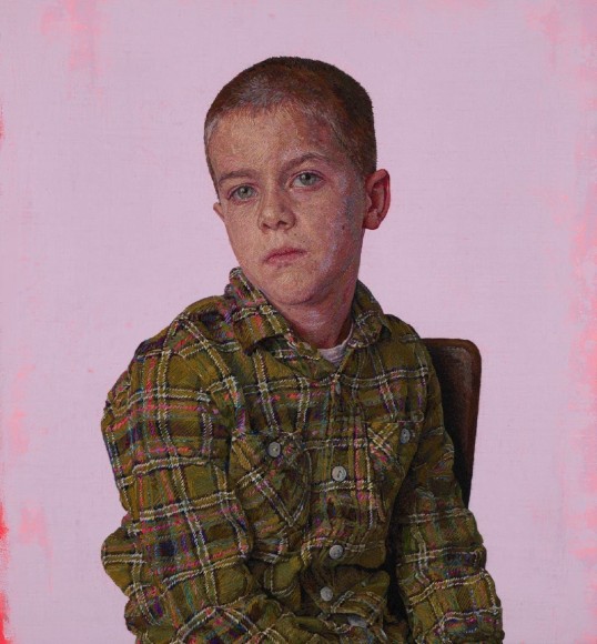Rocco at 7, 2023 Hand embroidery: wool on Belgian linen with acrylic background 30¼ x 28¼ in.