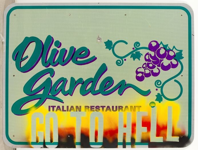 Go To Hell Olive Garden, 2009, Spray paint on metal sign