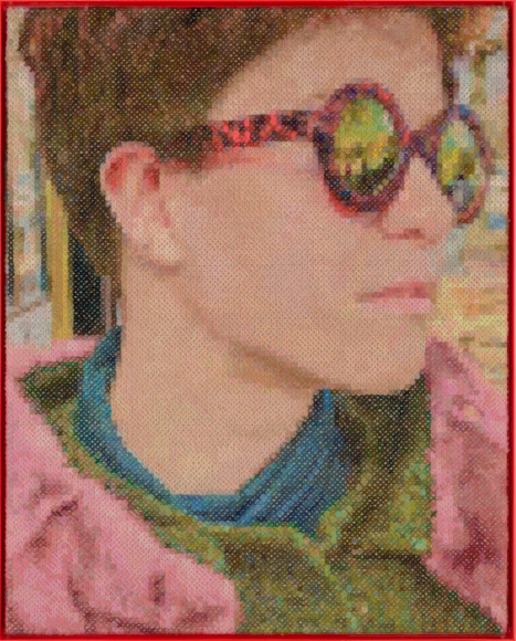 Raphaella at 21, 2023 Hand embroidery: wool on Belgian linen in aluminum frame 56 x 45 1/2 x 2 1/2 inches