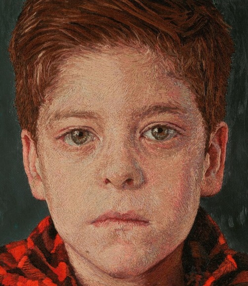 Luca, 2020 Hand embroidery: wool in linen with acrylic background 7 3/8 x 8 3/4 inches