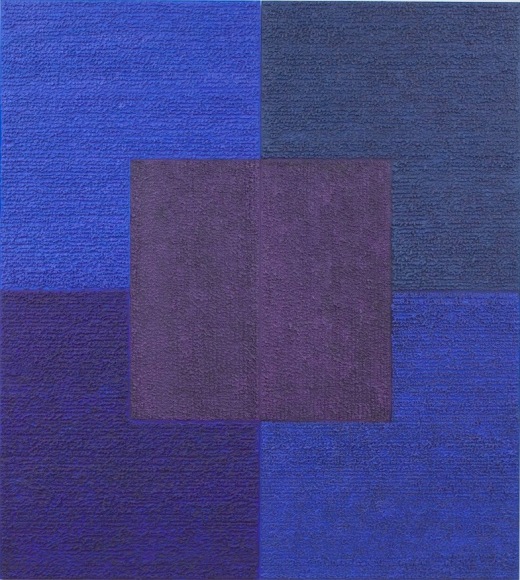 Louise P Sloane, True Blue, 2005, Acrylic paints and pastes on wood panel, 80 x 72 inches, four rectangles and a central square (blue, purple, indigo) Louise P. Sloane has been creating abstract paintings since 1974.